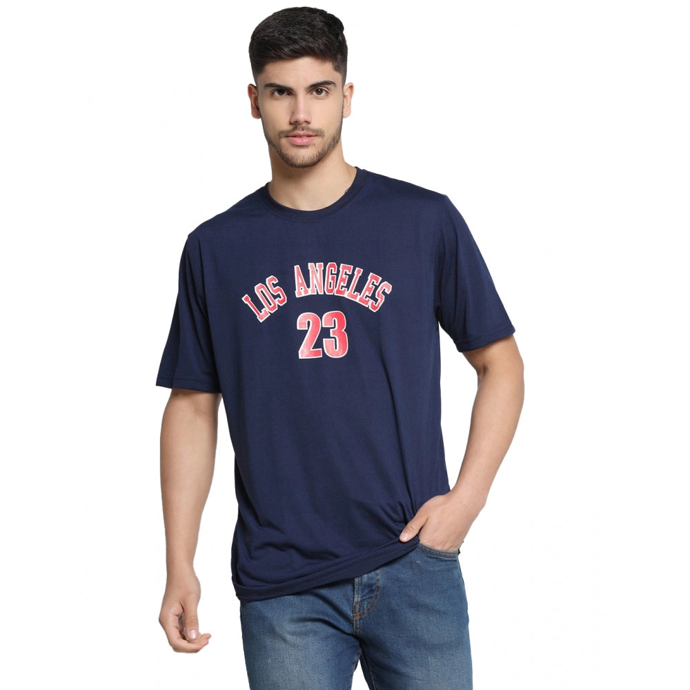 Amfyn Men's Casual Half Sleeve Printed Cotton Blended Round Neck T-shirt (Navy)