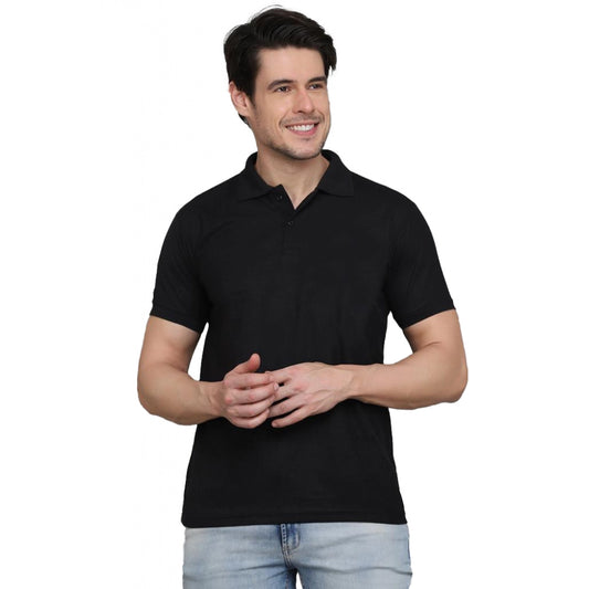 Amfyn Men's Casual Half Sleeve Solid Cotton Blended Polo Neck T-shirt (Black)