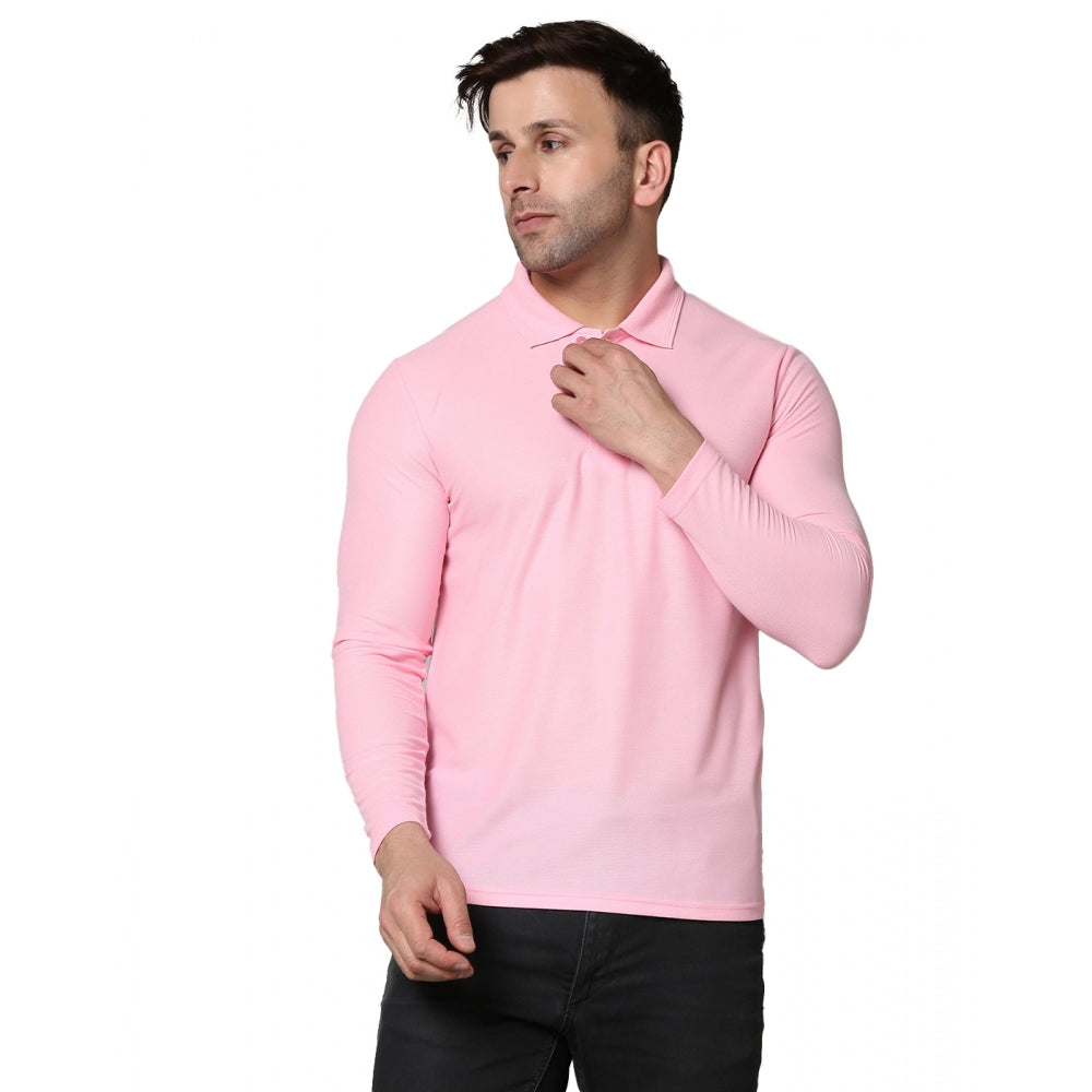 Amfyn Men's Casual Full Sleeve Solid Cotton Blended Polo Neck T-shirt (Pink)