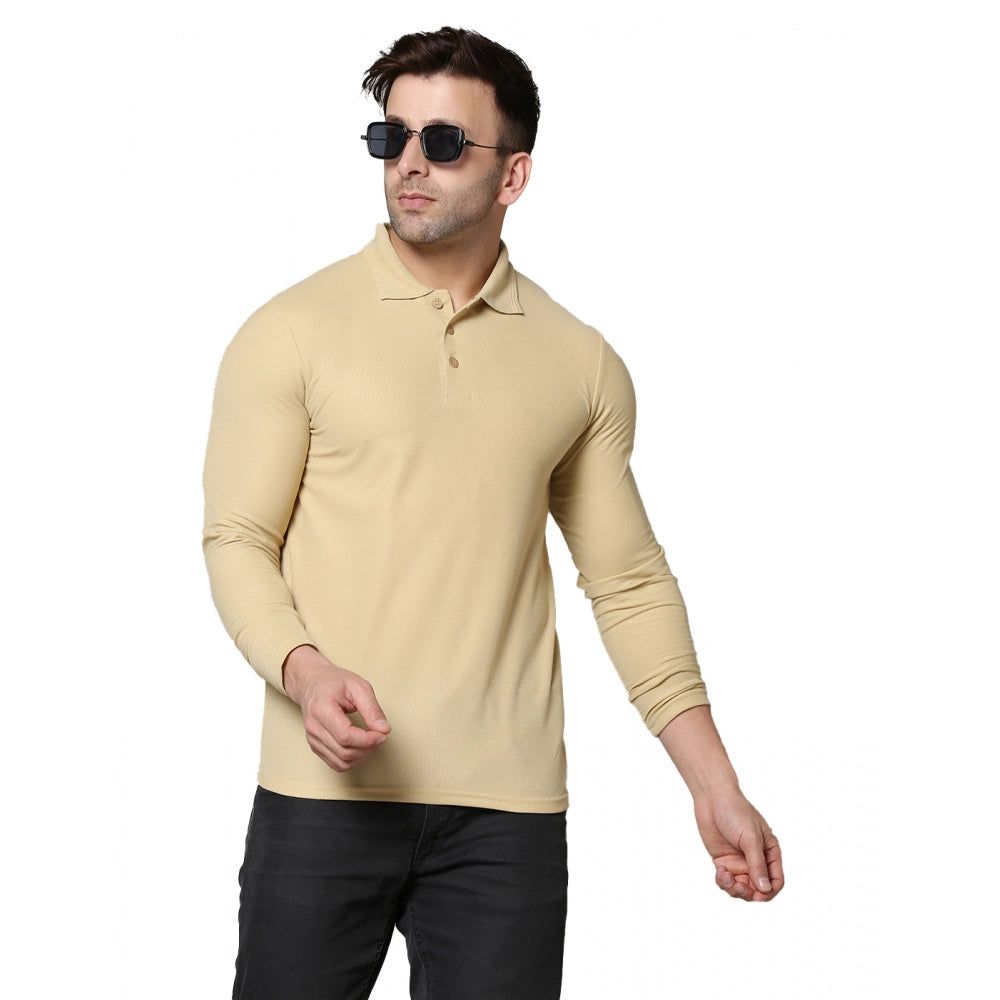 Amfyn Men's Casual Full Sleeve Solid Cotton Blended Polo Neck T-shirt (Beige)