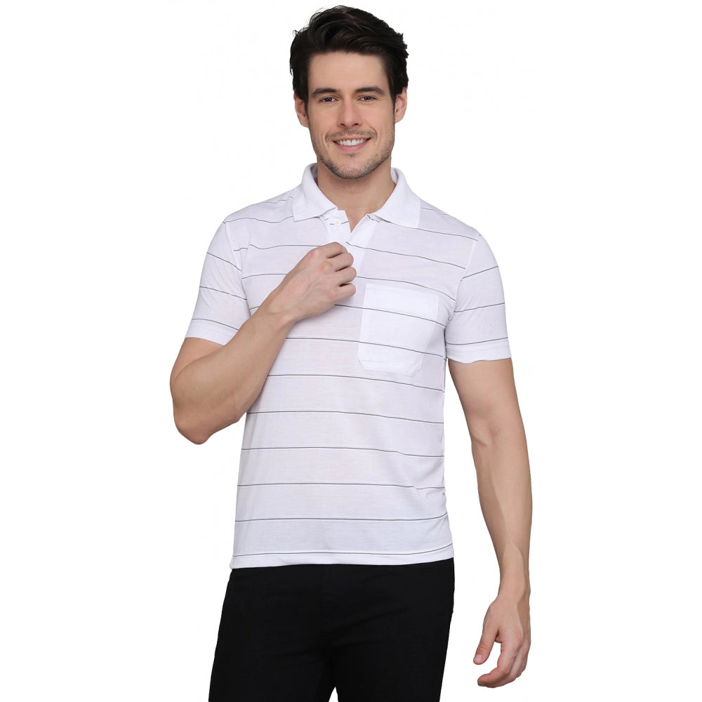 Amfyn Men's Casual Half Sleeve Striped Cotton Blended Polo Neck T-shirt (White)