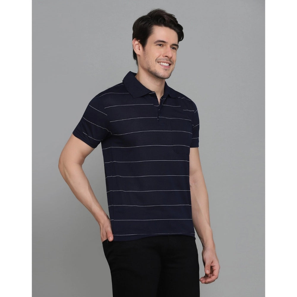 Amfyn Men's Casual Half Sleeve Striped Cotton Blended Polo Neck T-shirt (Navy)