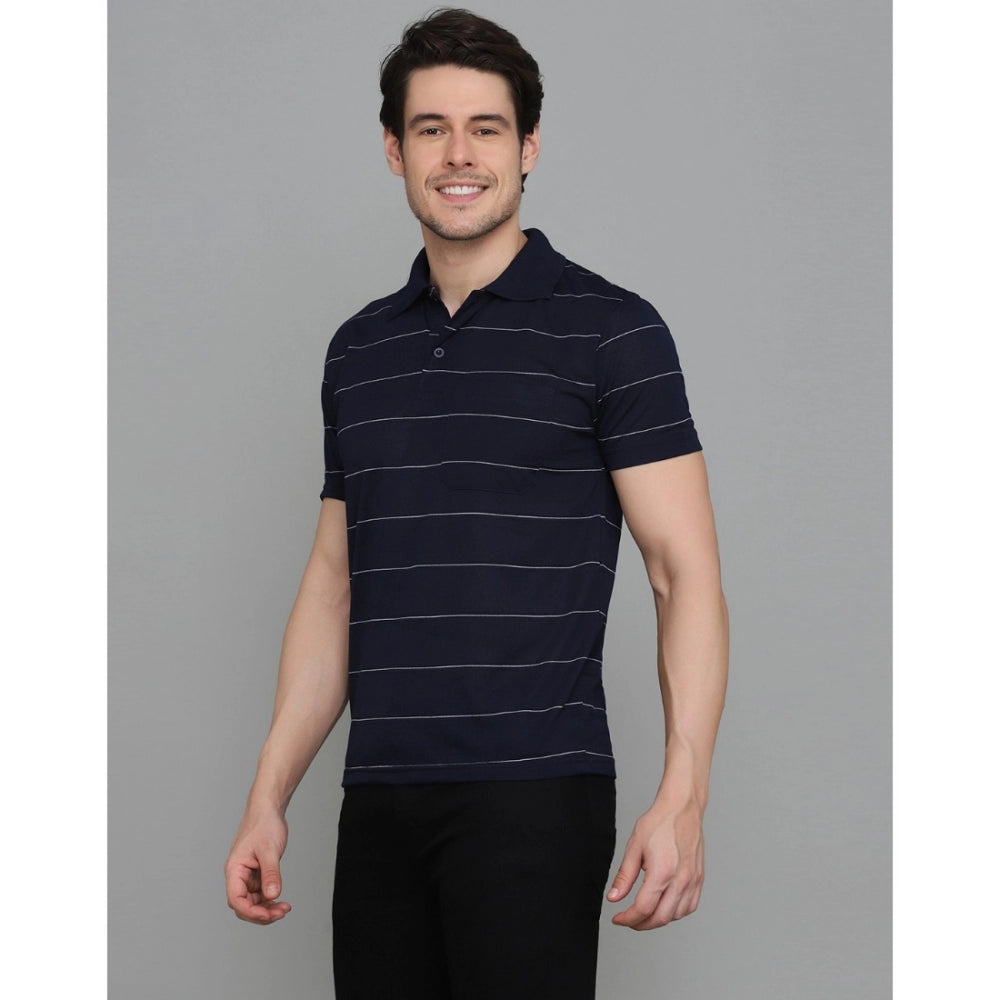 Amfyn Men's Casual Half Sleeve Striped Cotton Blended Polo Neck T-shirt (Navy)