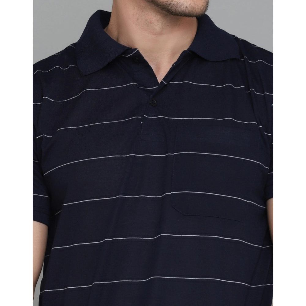 Amfyn Men's Casual Half Sleeve Striped Cotton Blended Polo Neck T-shirt (Navy)
