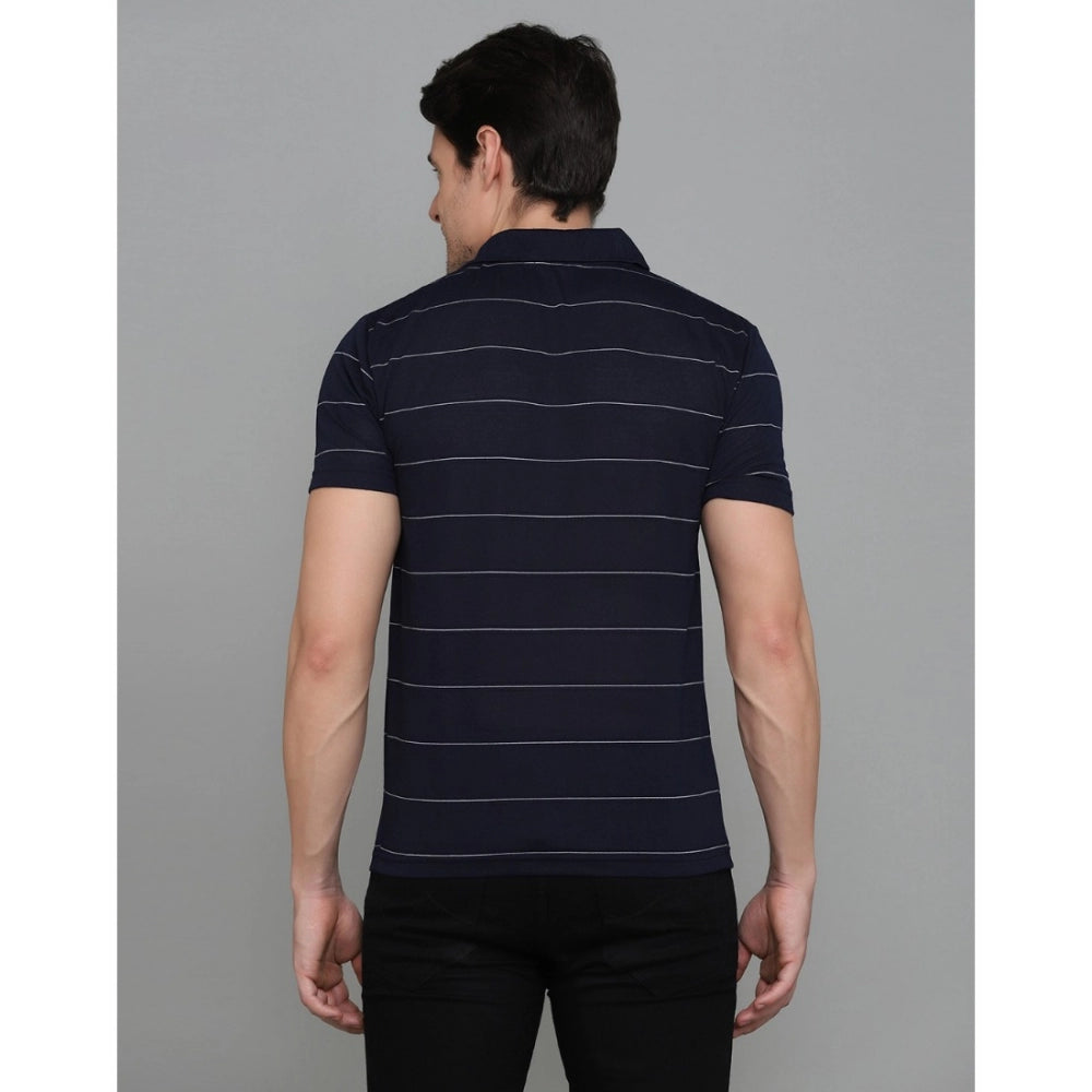 Amfyn Men's Casual Half Sleeve Striped Cotton Blended Polo Neck T-shirt (Navy)