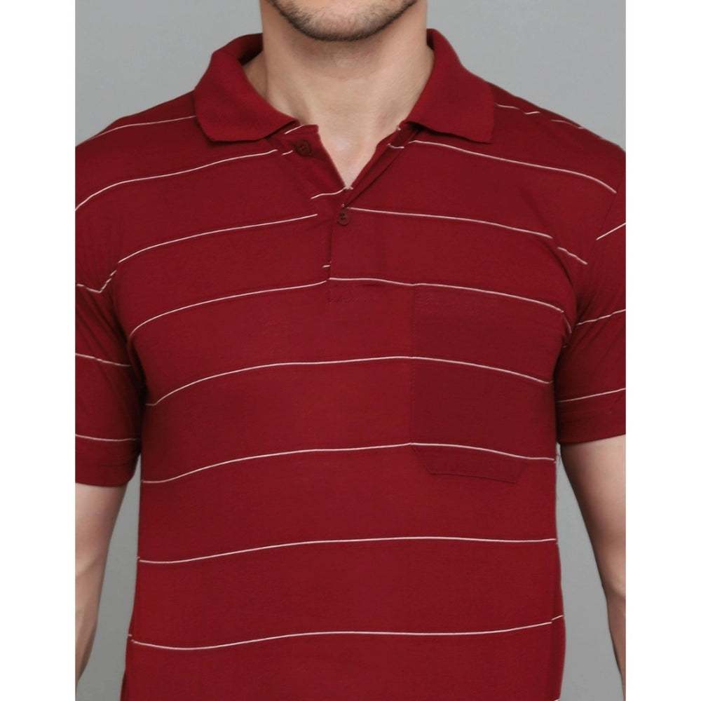 Amfyn Men's Casual Half Sleeve Striped Cotton Blended Polo Neck T-shirt (Maroon)