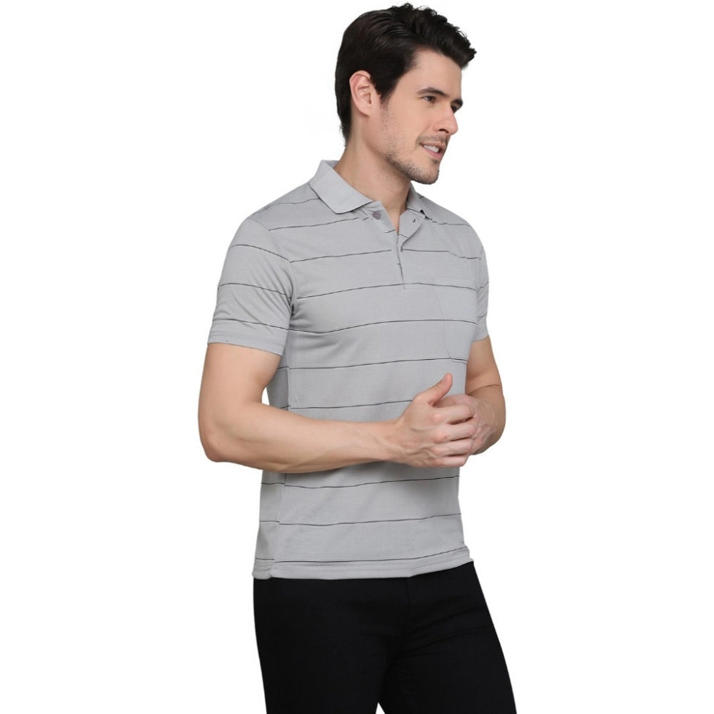 Amfyn Men's Casual Half Sleeve Striped Cotton Blended Polo Neck T-shirt (L.Grey)