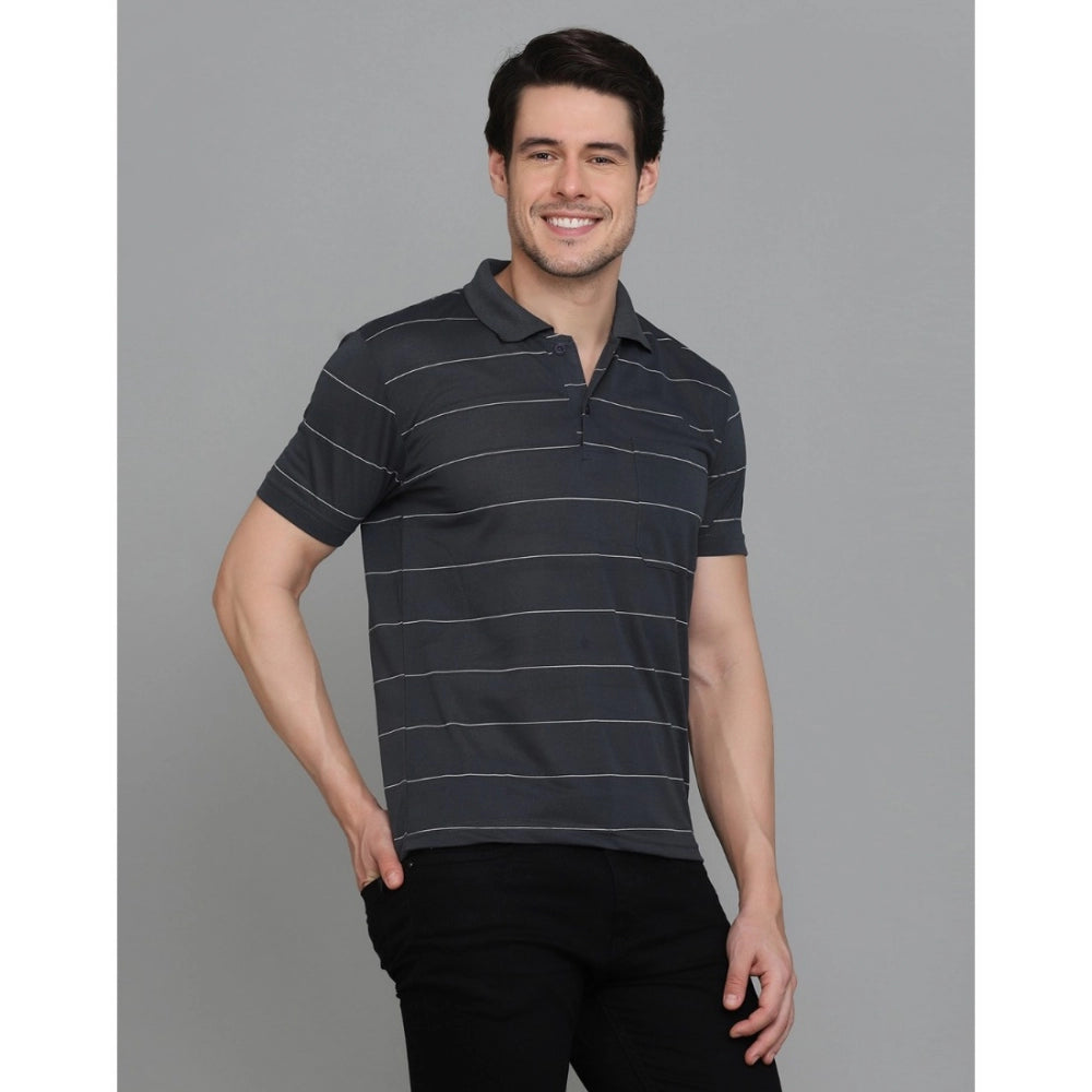 Amfyn Men's Casual Half Sleeve Striped Cotton Blended Polo Neck T-shirt (Grey)