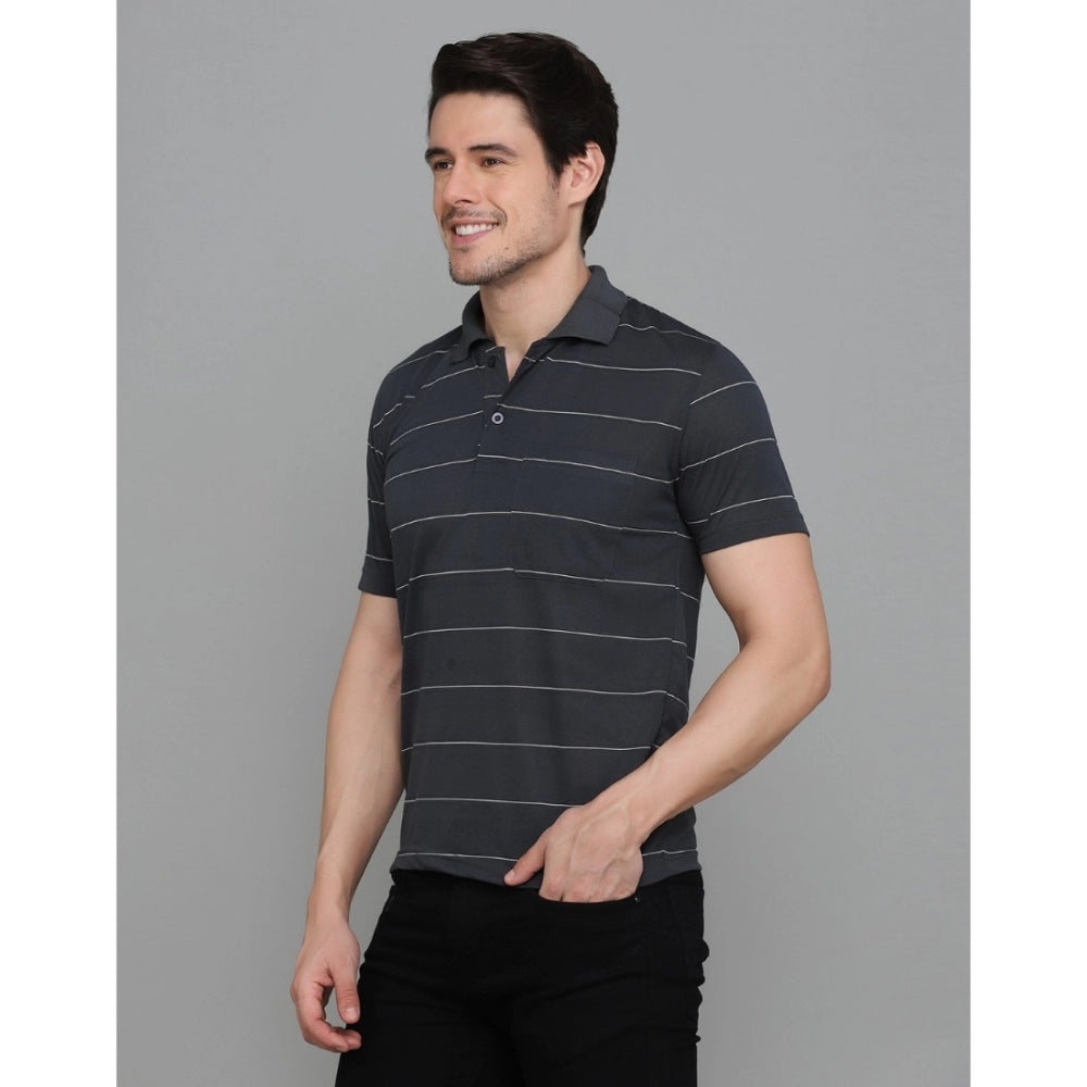 Amfyn Men's Casual Half Sleeve Striped Cotton Blended Polo Neck T-shirt (Grey)
