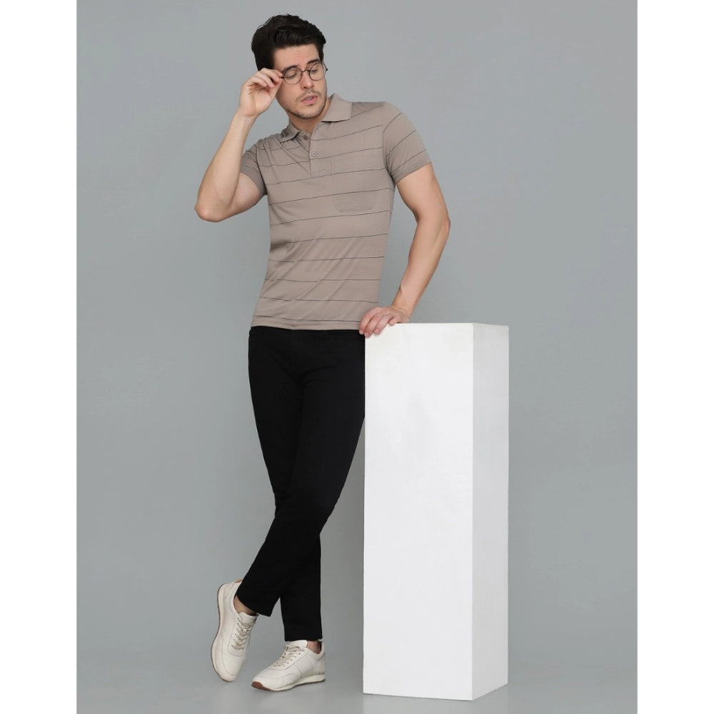 Amfyn Men's Casual Half Sleeve Striped Cotton Blended Polo Neck T-shirt (Beige)