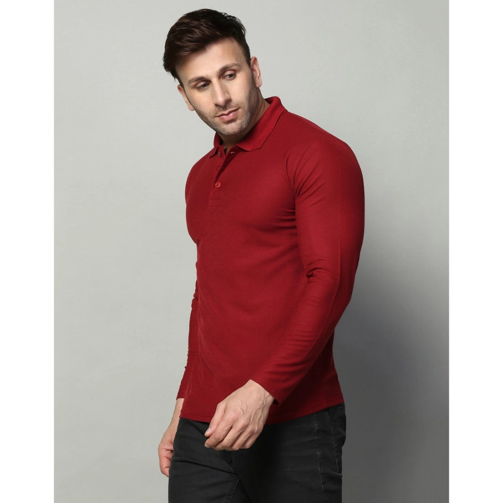 Amfyn Men's Casual Full Sleeve Solid Cotton Blended Polo Neck T-shirt (Maroon)