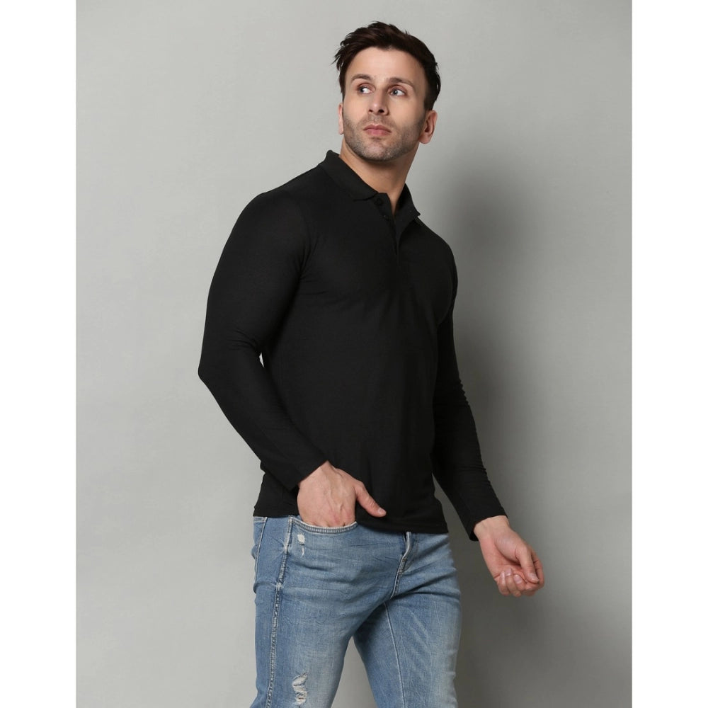 Amfyn Men's Casual Full Sleeve Solid Cotton Blended Polo Neck T-shirt (Black)