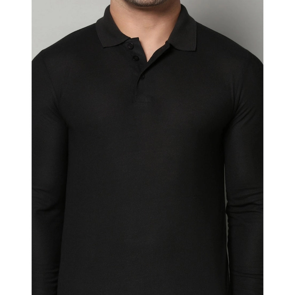 Amfyn Men's Casual Full Sleeve Solid Cotton Blended Polo Neck T-shirt (Black)