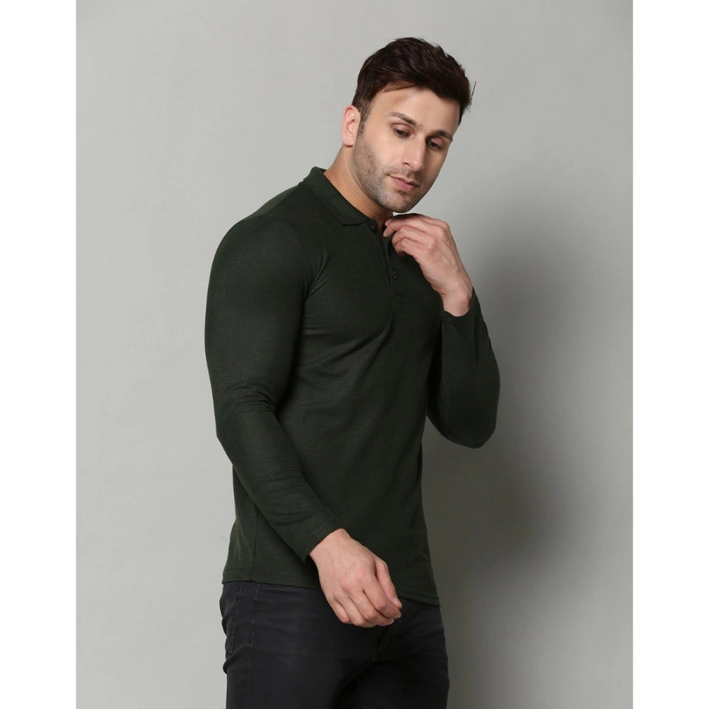 Amfyn Men's Casual Full Sleeve Solid Cotton Blended Polo Neck T-shirt (B.Green)