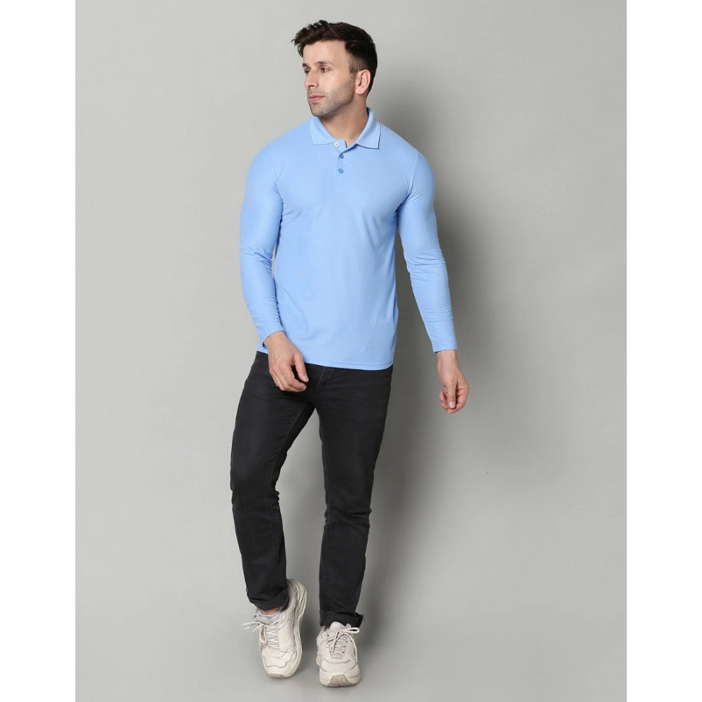 Amfyn Men's Casual Full Sleeve Solid Cotton Blended Polo Neck T-shirt (Sky)