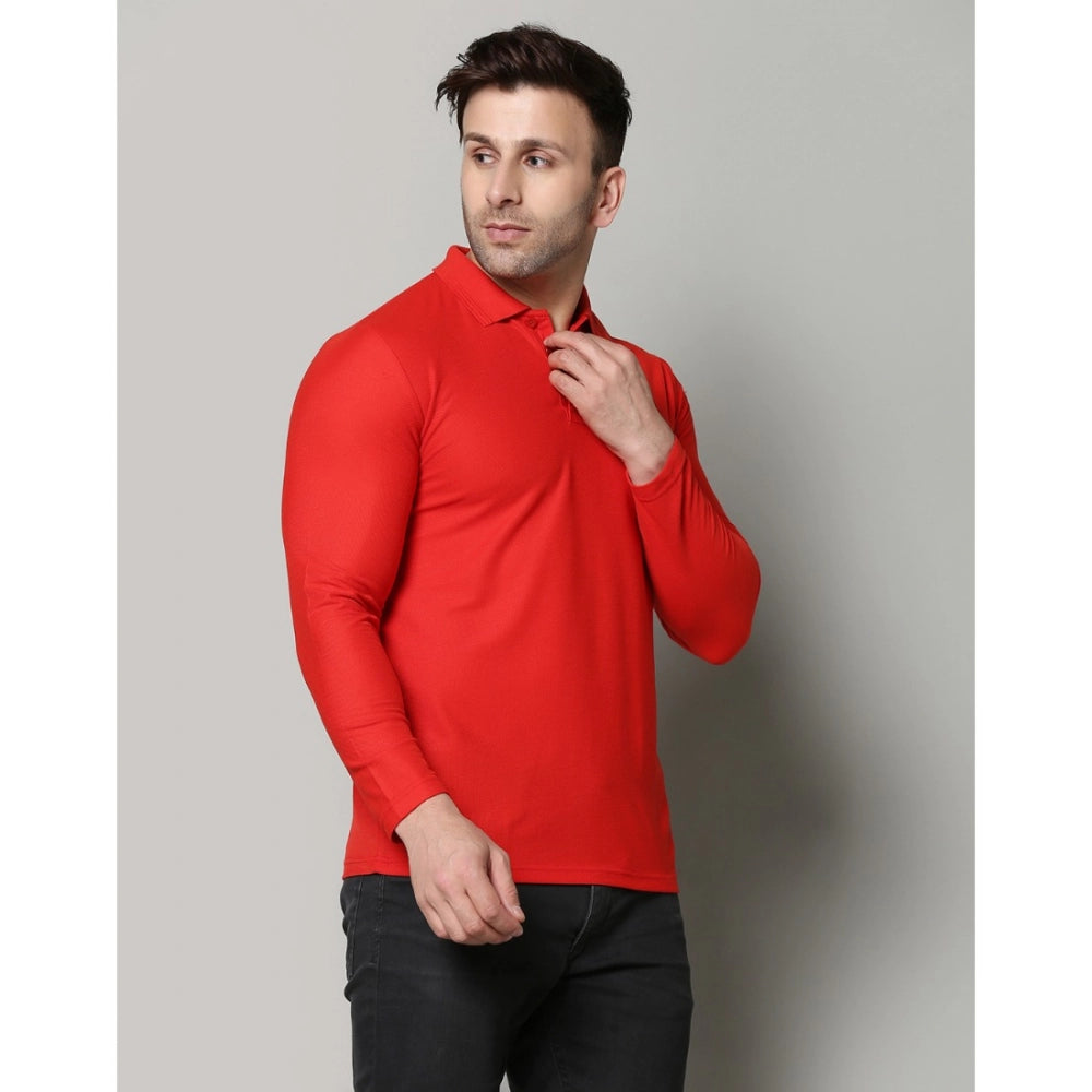 Amfyn Men's Casual Full Sleeve Solid Cotton Blended Polo Neck T-shirt (Red)