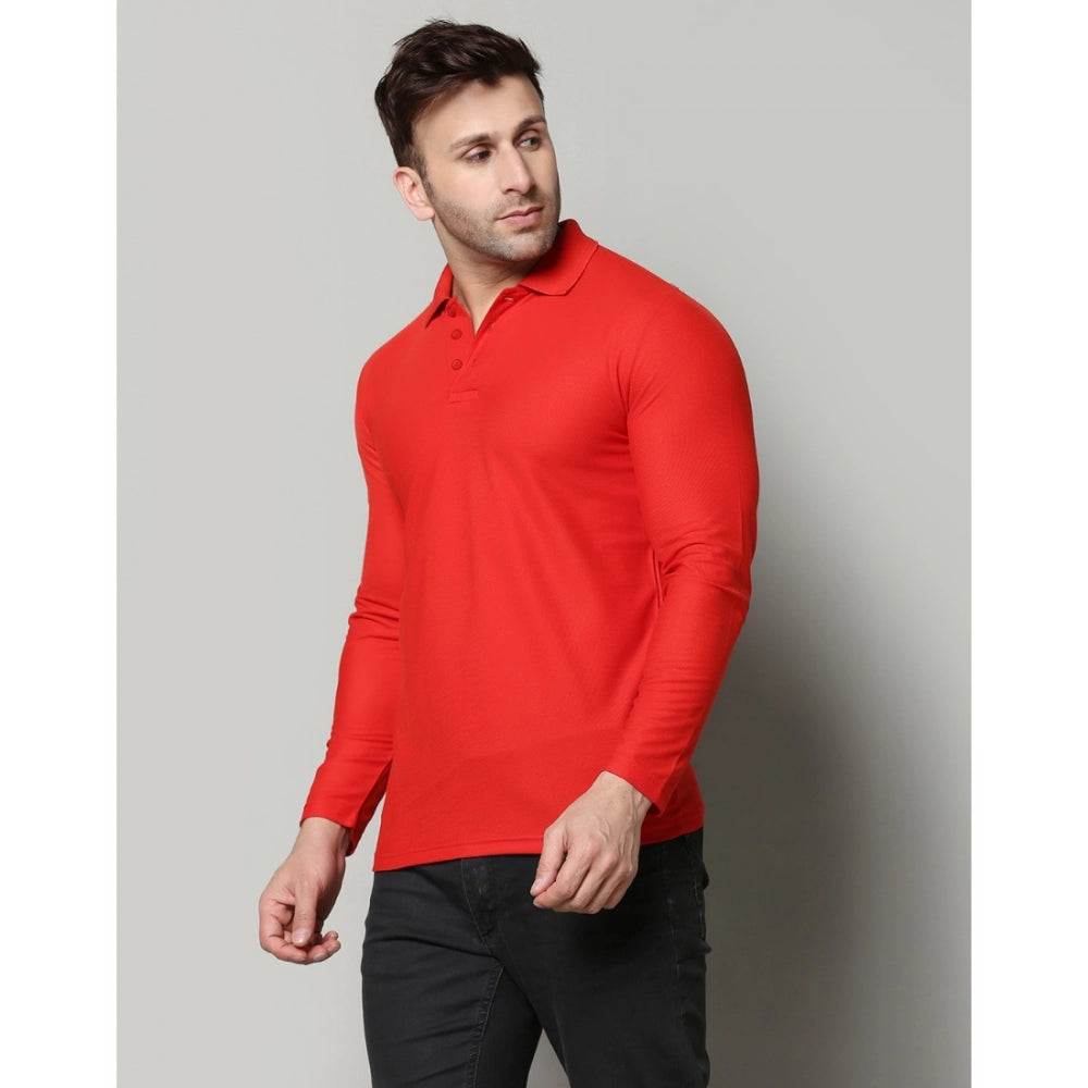 Amfyn Men's Casual Full Sleeve Solid Cotton Blended Polo Neck T-shirt (Red)
