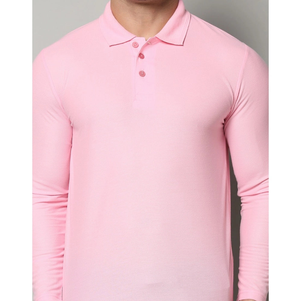 Amfyn Men's Casual Full Sleeve Solid Cotton Blended Polo Neck T-shirt (Pink)