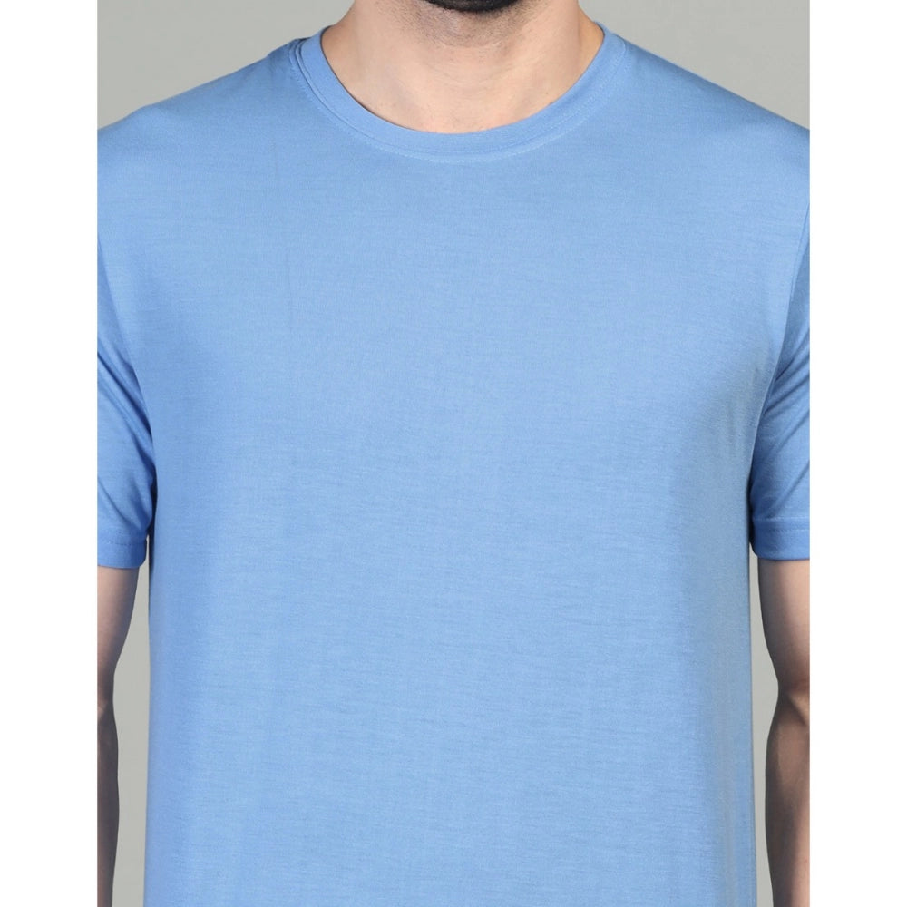 Amfyn Men's Casual Half Sleeve Solid Cotton Blended Round Neck T-shirt (Sky)