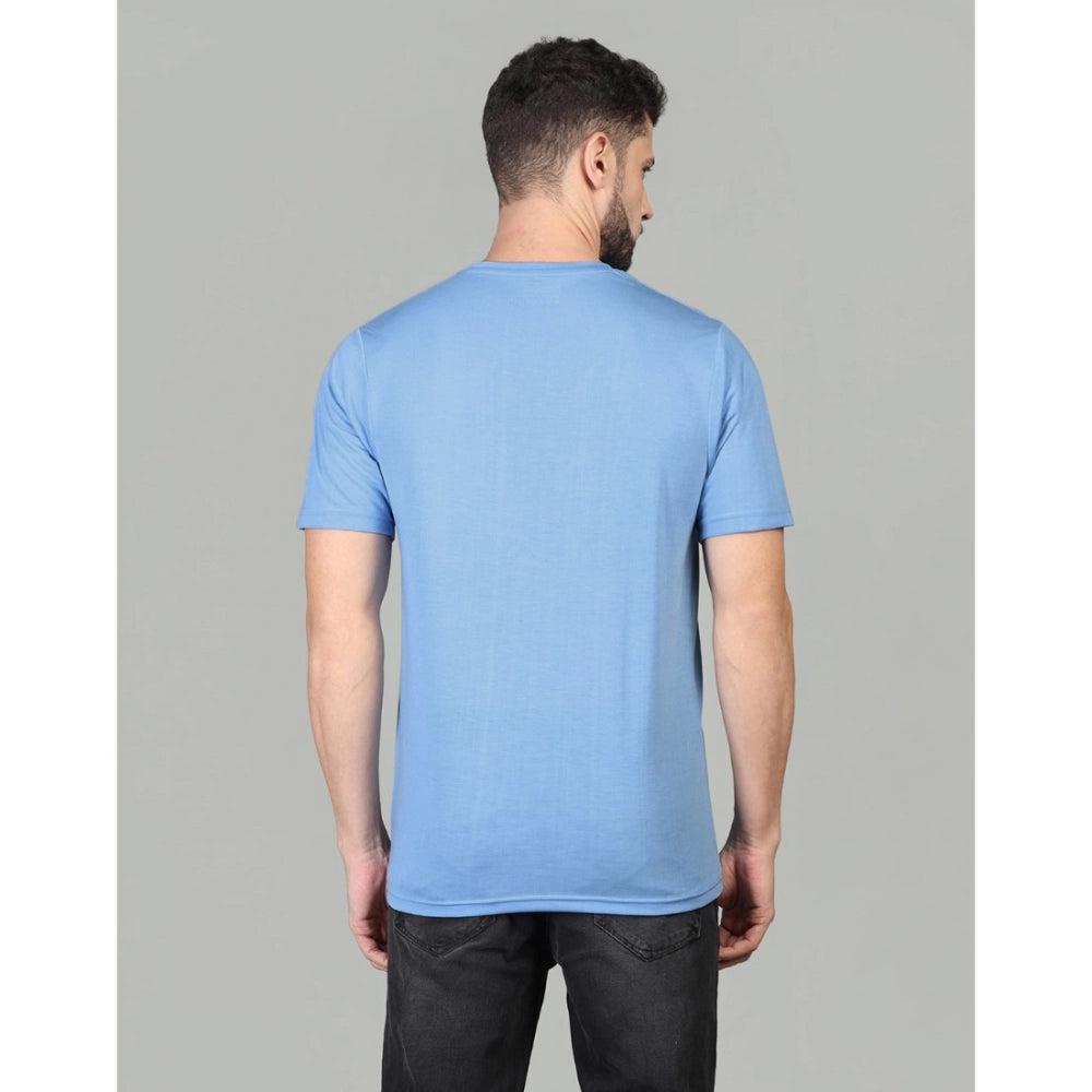 Amfyn Men's Casual Half Sleeve Solid Cotton Blended Round Neck T-shirt (Sky)