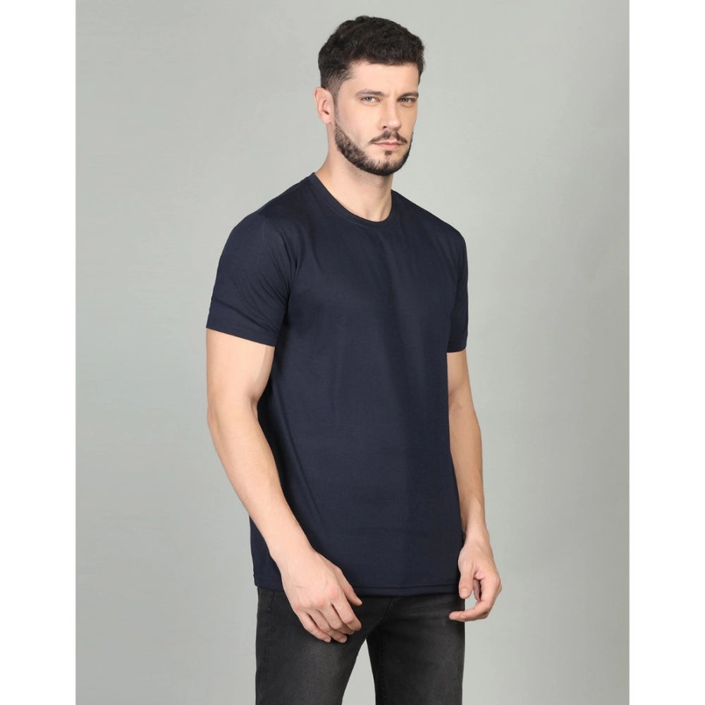Amfyn Men's Casual Half Sleeve Solid Cotton Blended Round Neck T-shirt (Dark Blue)