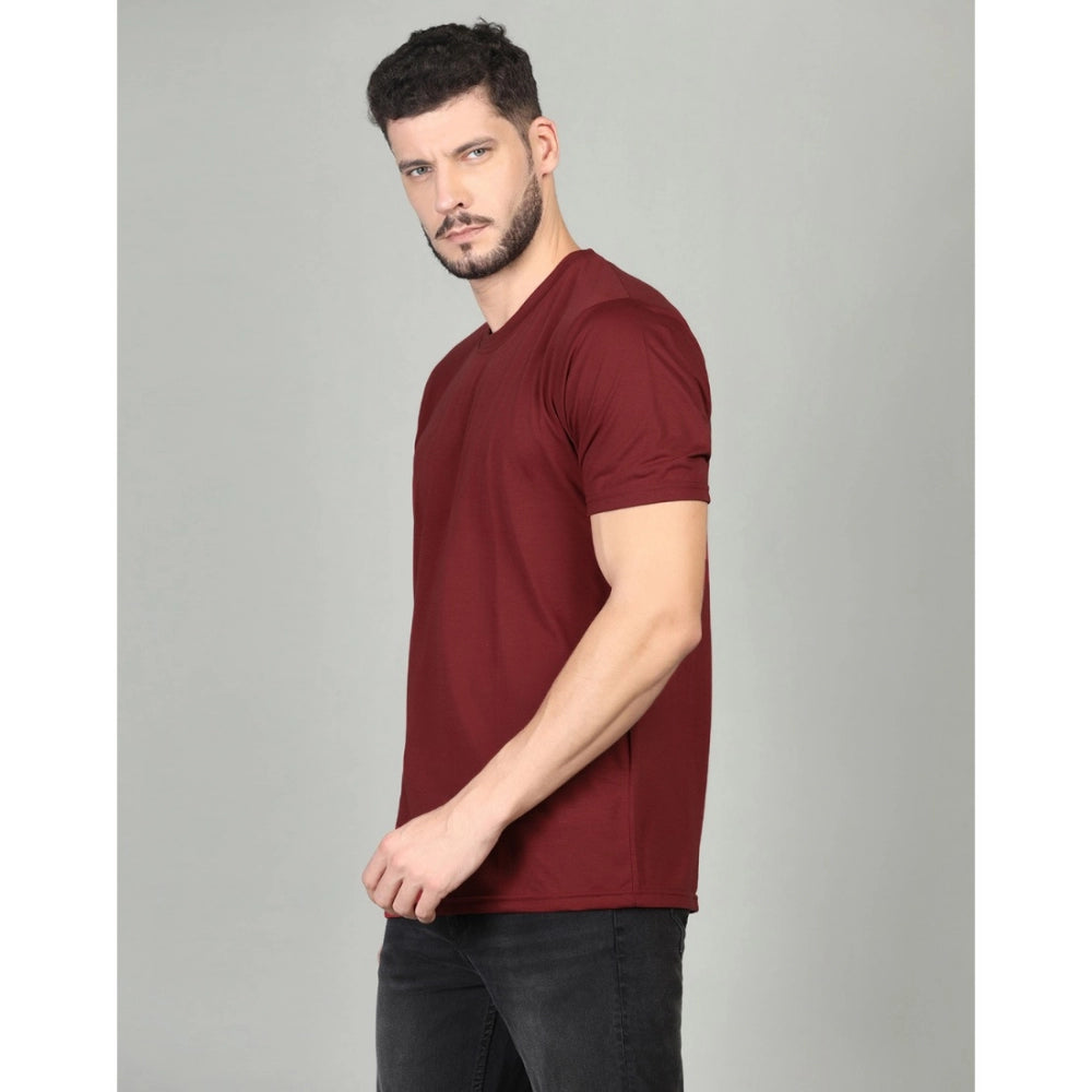Amfyn Men's Casual Half Sleeve Solid Cotton Blended Round Neck T-shirt (Maroon)