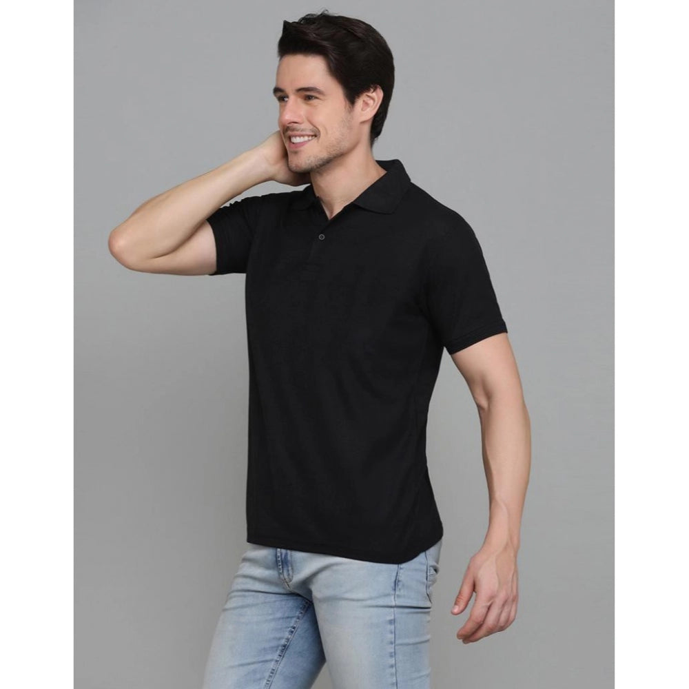 Amfyn Men's Casual Half Sleeve Solid Cotton Blended Polo Neck T-shirt (Black)