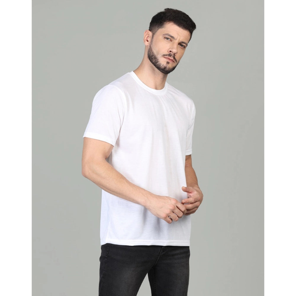 Amfyn Men's Casual Half Sleeve Solid Cotton Blended Round Neck T-shirt (White)