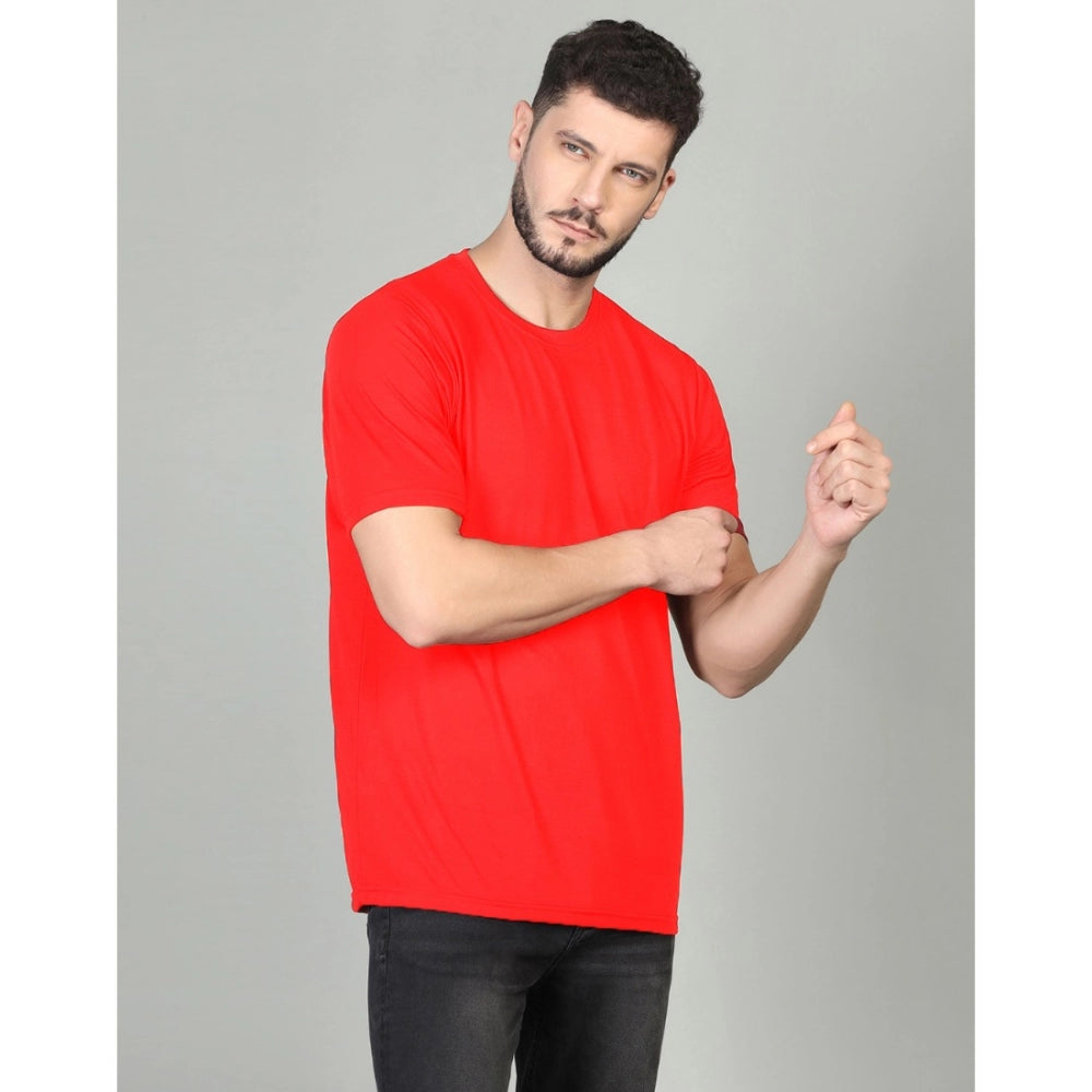 Amfyn Men's Casual Half Sleeve Solid Cotton Blended Round Neck T-shirt (Red)