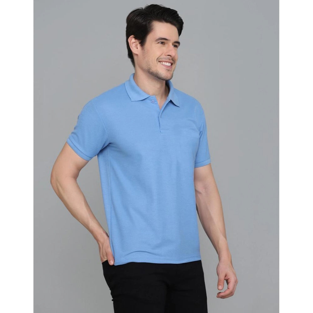 Amfyn Men's Casual Half Sleeve Solid Cotton Blended Polo Neck T-shirt (Blue)