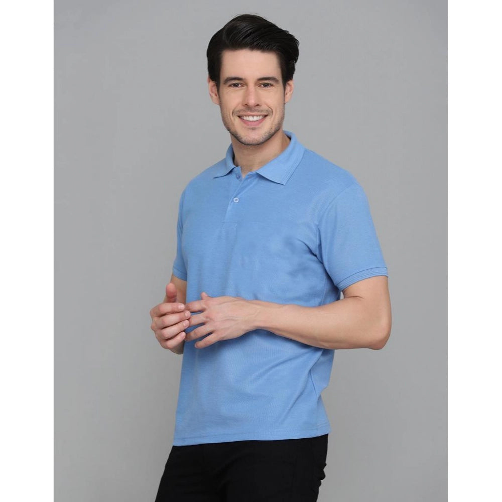 Amfyn Men's Casual Half Sleeve Solid Cotton Blended Polo Neck T-shirt (Blue)