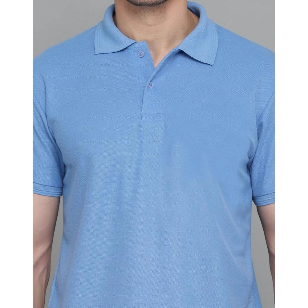 Amfyn Men's Casual Half Sleeve Solid Cotton Blended Polo Neck T-shirt (Blue)