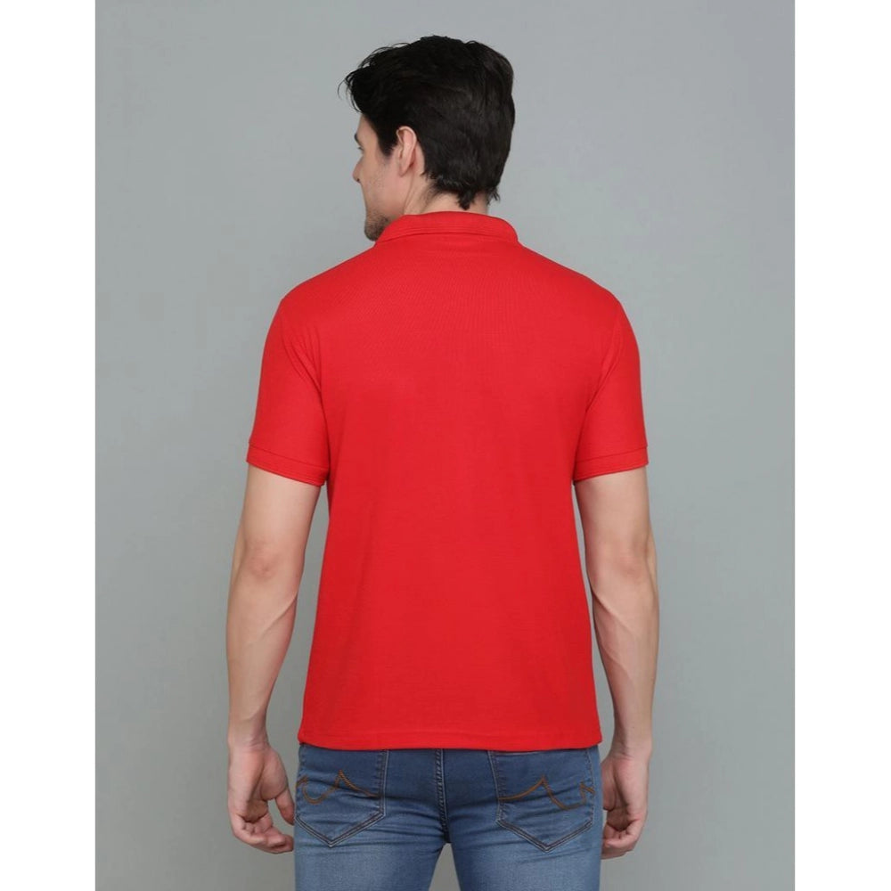 Amfyn Men's Casual Half Sleeve Solid Cotton Blended Polo Neck T-shirt (Red)