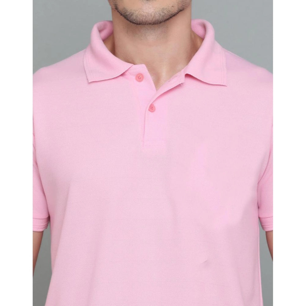 Amfyn Men's Casual Half Sleeve Solid Cotton Blended Polo Neck T-shirt (Pink)