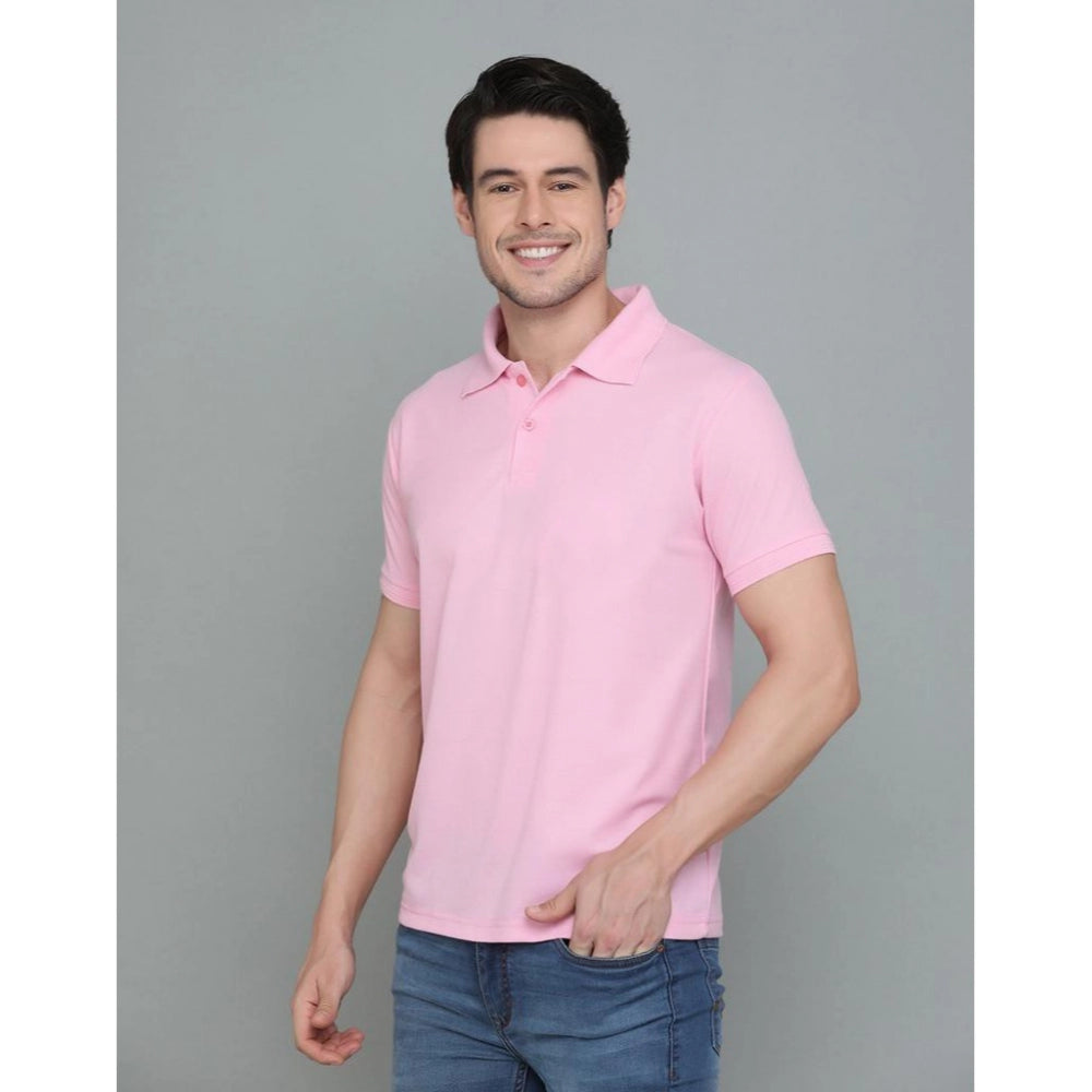 Amfyn Men's Casual Half Sleeve Solid Cotton Blended Polo Neck T-shirt (Pink)