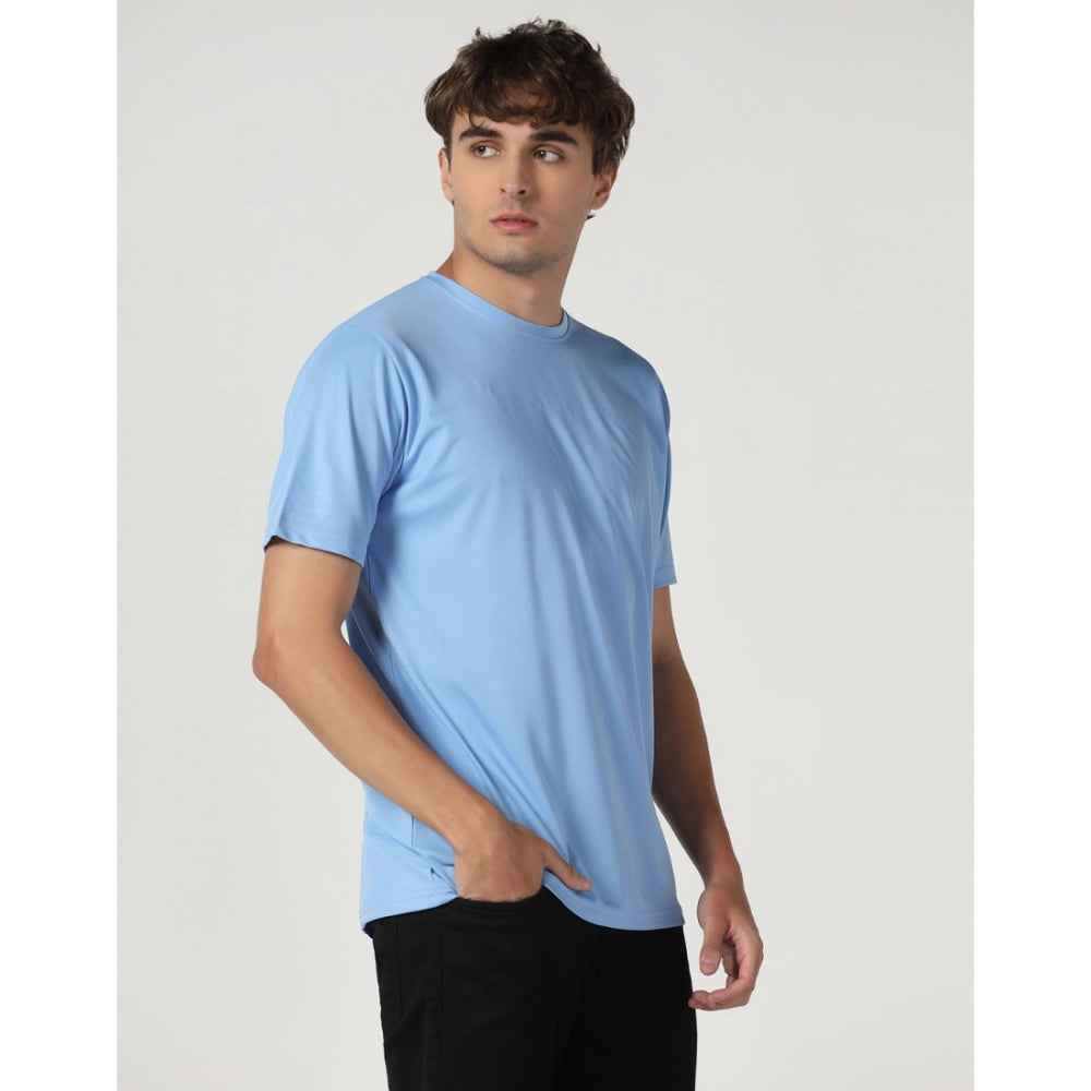 Amfyn Men's Casual Half Sleeve Solid Polyester Round Neck T-shirt (Sky)