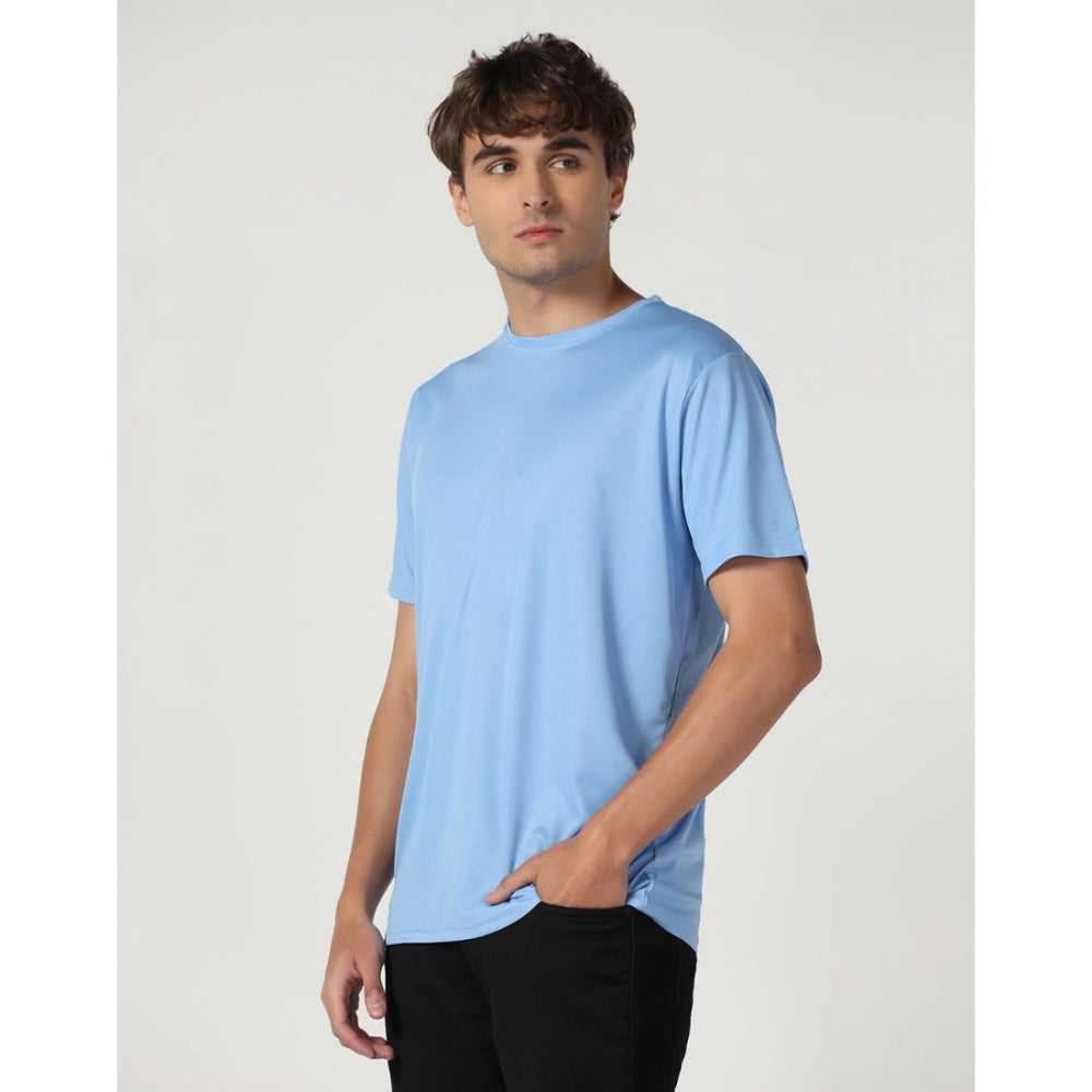 Amfyn Men's Casual Half Sleeve Solid Polyester Round Neck T-shirt (Sky)