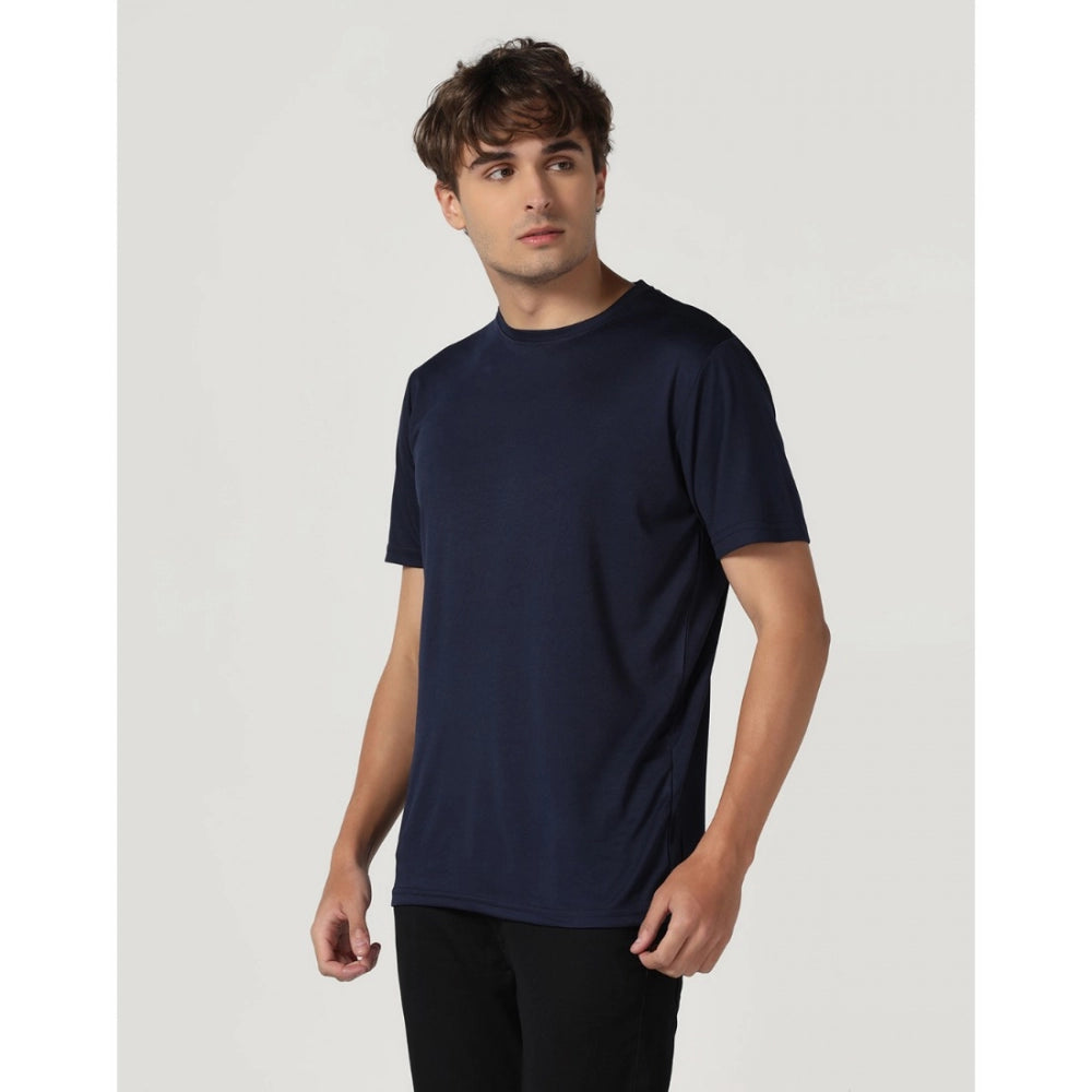 Amfyn Men's Casual Half Sleeve Solid Polyester Round Neck T-shirt (Navy)