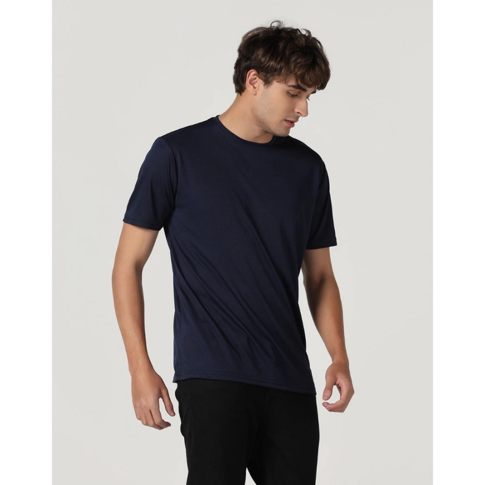 Amfyn Men's Casual Half Sleeve Solid Polyester Round Neck T-shirt (Navy)