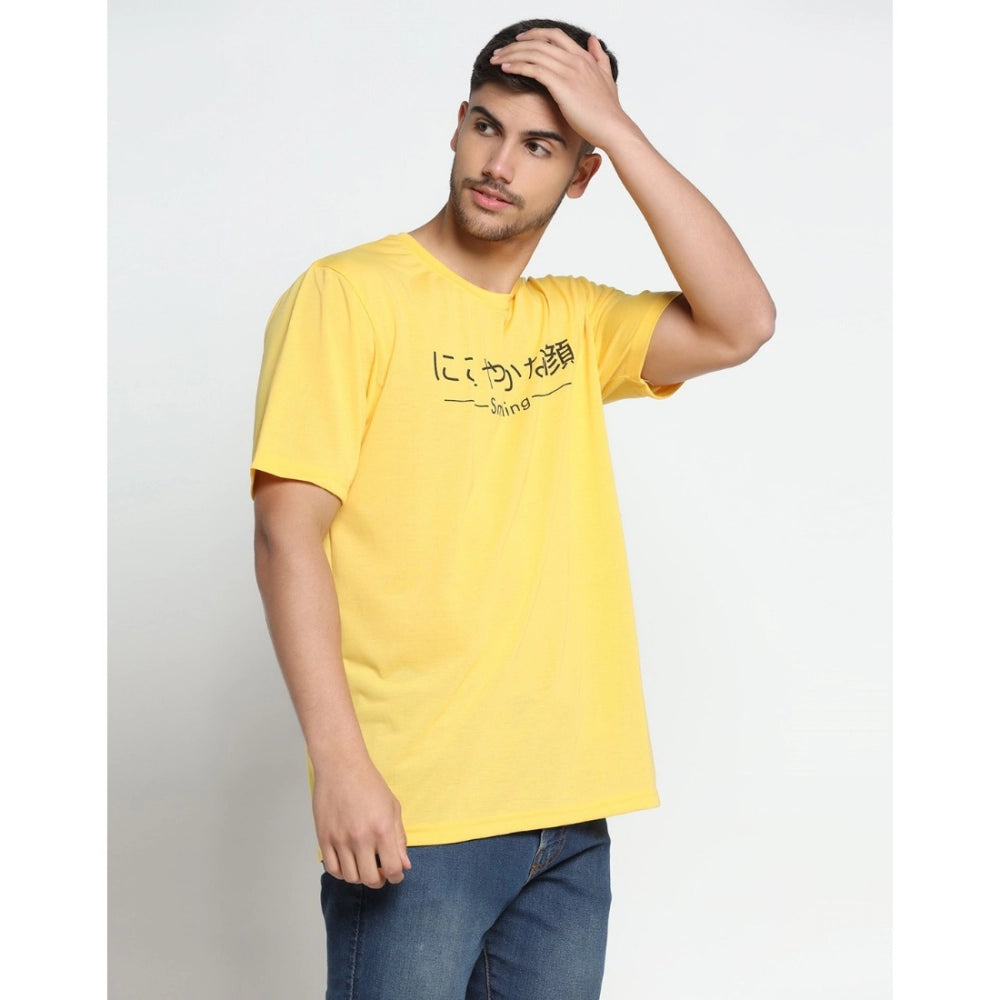 Amfyn Men's Casual Half Sleeve Printed Cotton Blended Round Neck T-shirt (Yellow)