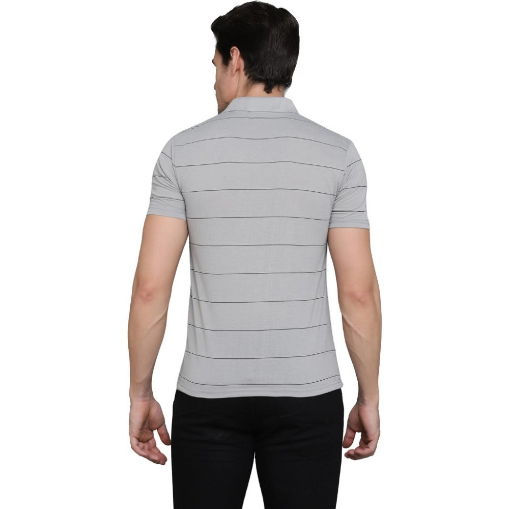 Amfyn Men's Casual Half Sleeve Striped Cotton Blended Polo Neck T-shirt (L.Grey)