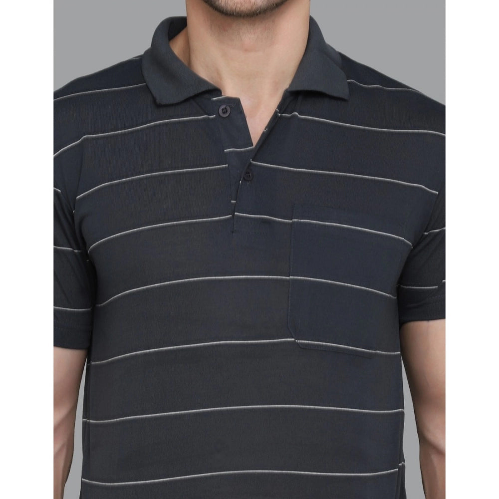 Amfyn Men's Casual Half Sleeve Striped Cotton Blended Polo Neck T-shirt (Grey)