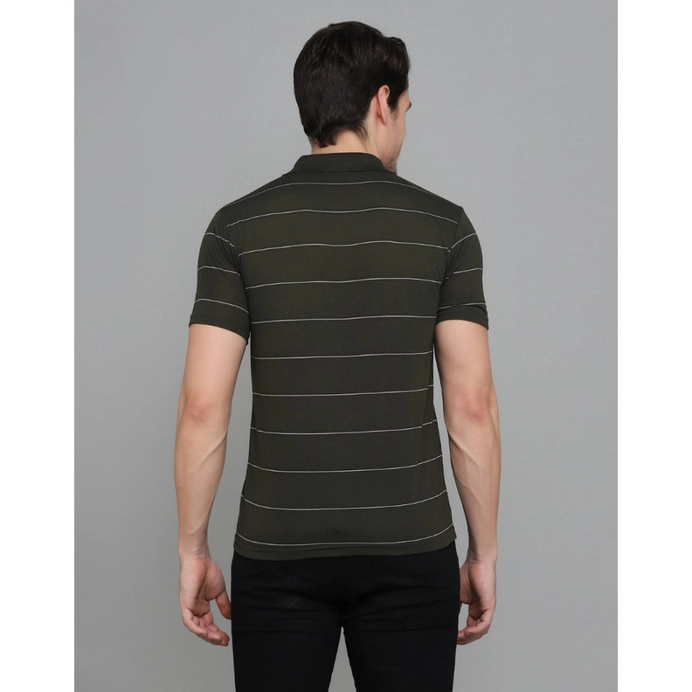 Amfyn Men's Casual Half Sleeve Striped Cotton Blended Polo Neck T-shirt (Green)