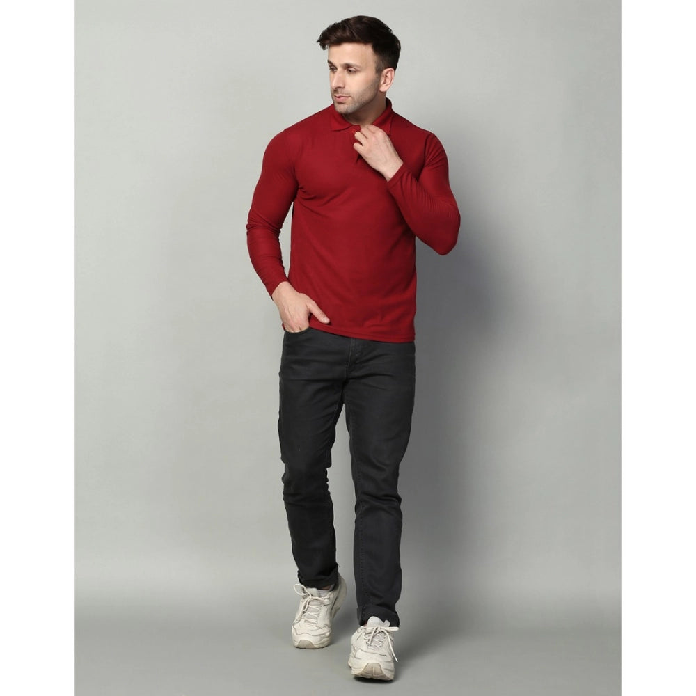 Amfyn Men's Casual Full Sleeve Solid Cotton Blended Polo Neck T-shirt (Maroon)