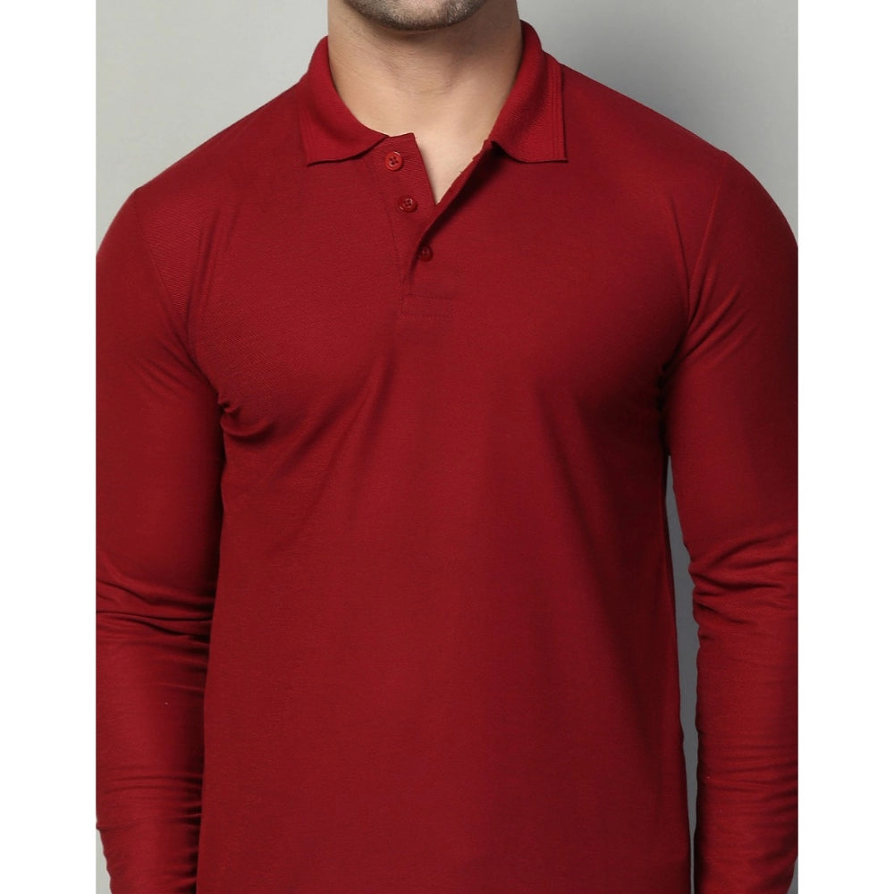 Amfyn Men's Casual Full Sleeve Solid Cotton Blended Polo Neck T-shirt (Maroon)
