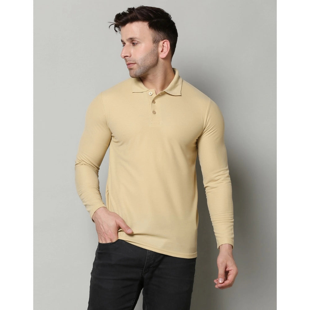 Amfyn Men's Casual Full Sleeve Solid Cotton Blended Polo Neck T-shirt (Beige)