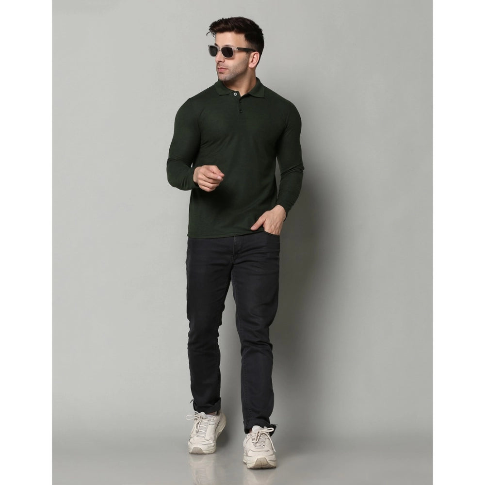 Amfyn Men's Casual Full Sleeve Solid Cotton Blended Polo Neck T-shirt (B.Green)