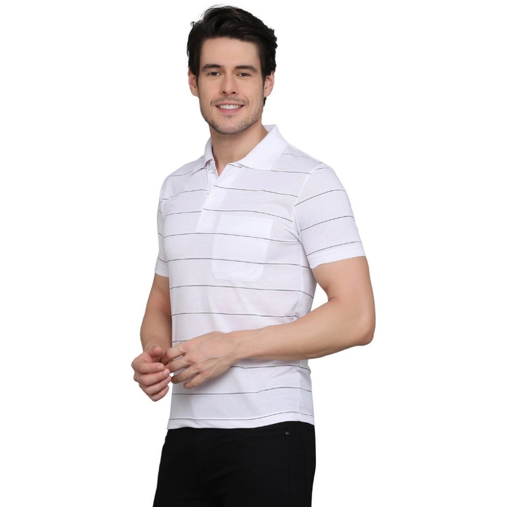 Amfyn Men's Casual Half Sleeve Striped Cotton Blended Polo Neck T-shirt (White)