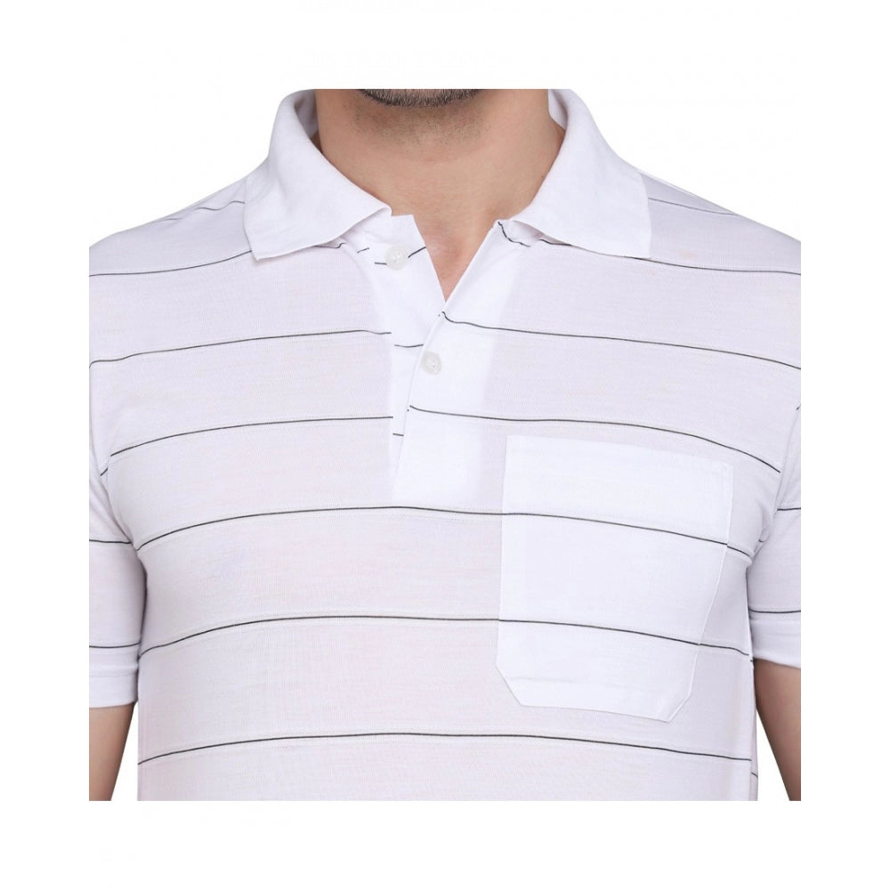 Amfyn Men's Casual Half Sleeve Striped Cotton Blended Polo Neck T-shirt (White)