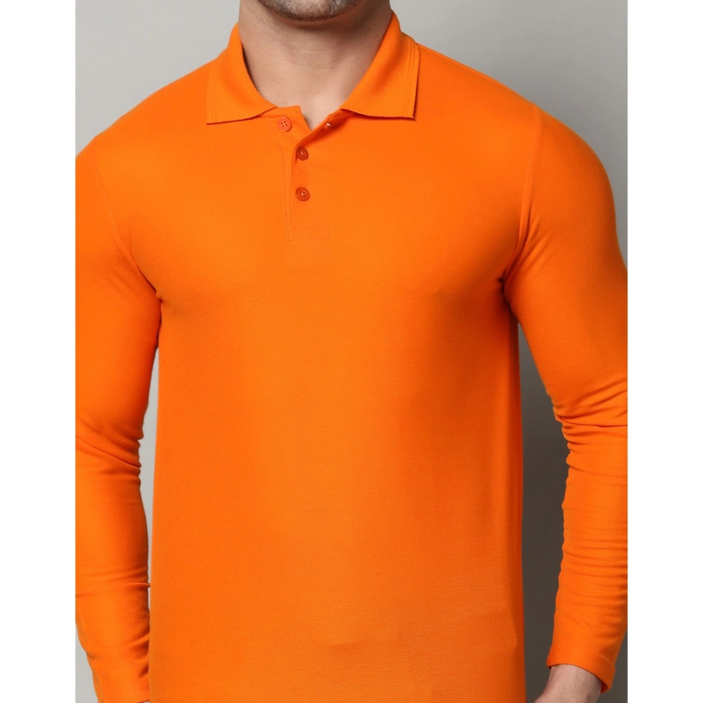 Amfyn Men's Casual Full Sleeve Solid Cotton Blended Polo Neck T-shirt (Orange)
